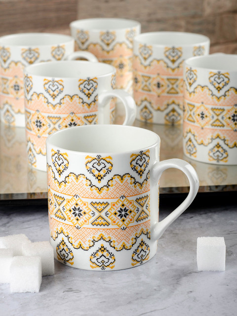 

SONAKI White & Beige Tribal Print 6-Pieces Bone China Cup Set