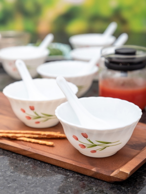 

Laopala White & Red Printed Opalware 12-Pieces Soup Bowl & Spoon Set