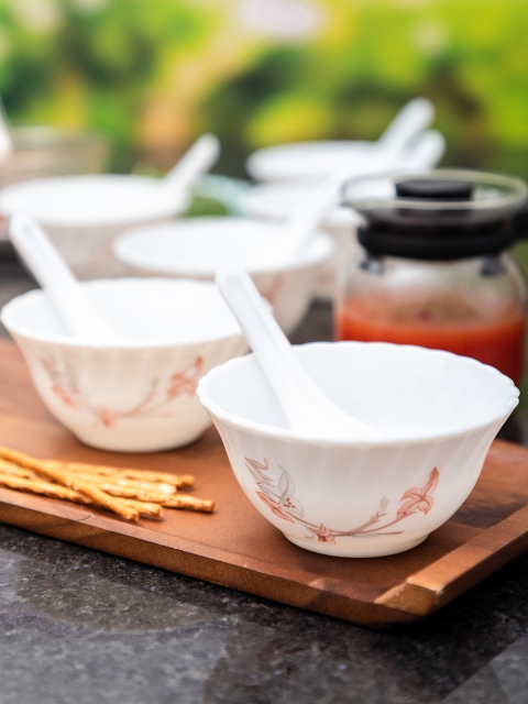 

Laopala 12 Pcs White & Pink Printed Bowls With Spoons