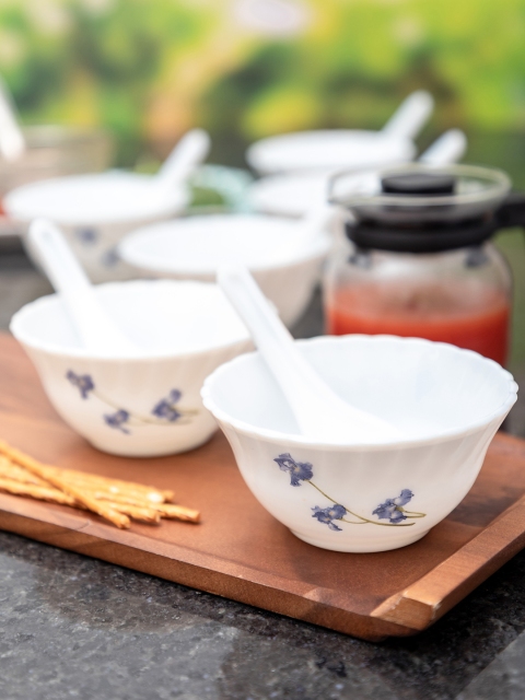 

Laopala White & Blue Printed 12-Pieces Opalware Soup Bowls & Spoons Set