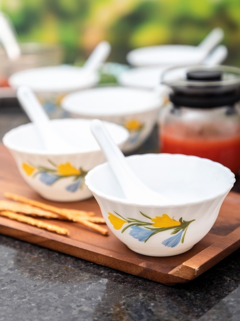 

Laopala White Printed 12-Pieces Opalware Soup Bowls & Spoons Set