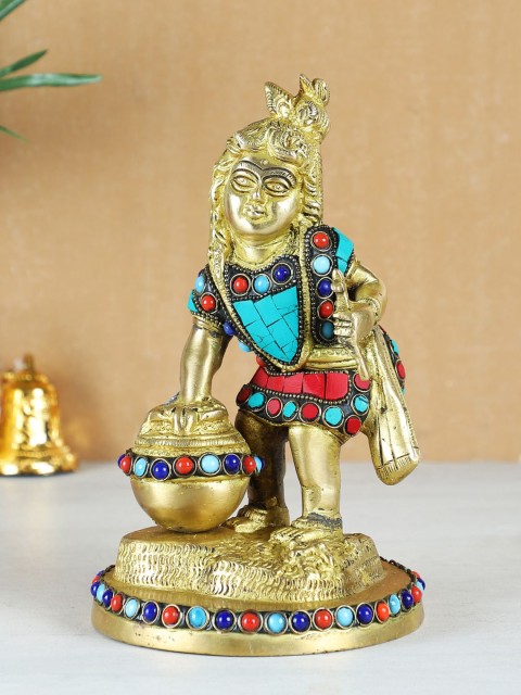 

TIED RIBBONS Gold-Toned & Red Stone-Studded Baal Krishna Brass Idol