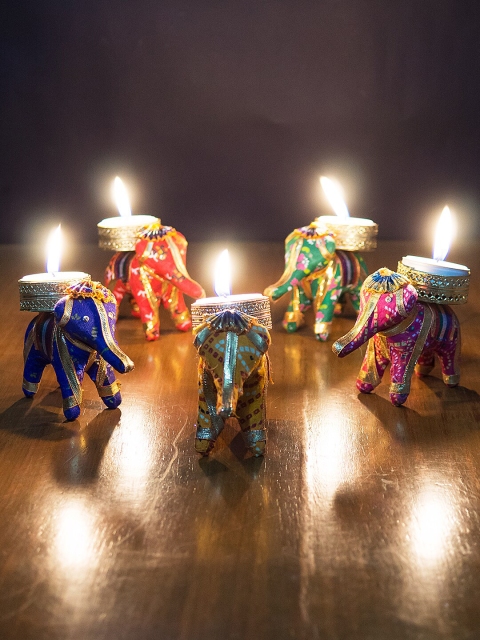 

Golden Peacock Set of 5 Multicoloured Elephant Tea-Light Candle Holders, Multi