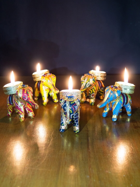 

Golden Peacock Set Of 5 Gotta-Patti Wooden Elephant Tea Light Candle Holders, Multi