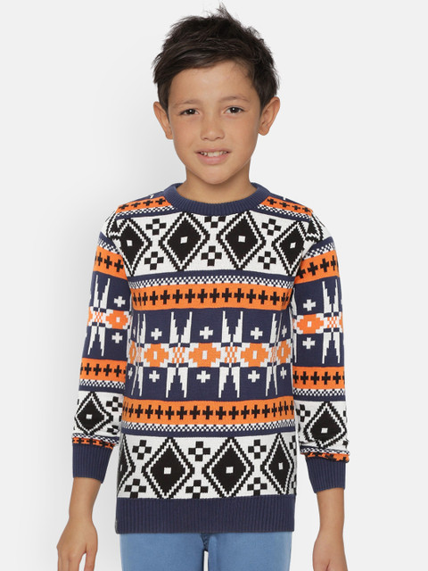 

Monte Carlo Boys Navy Blue & Orange Fair Isle Self Design Pullover