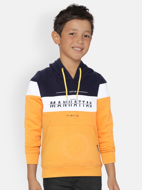 

Monte Carlo Boys Yellow & Navy Blue Colourblocked Hooded Sweatshirt with Printed Detail
