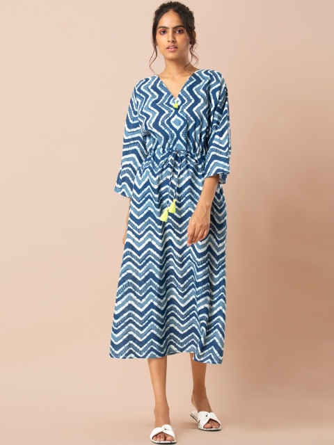 

INDYA Women Blue Printed Fit and Flare Dress