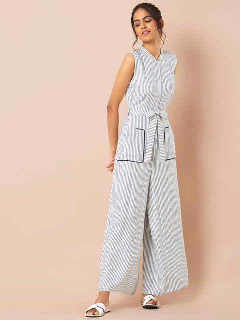 

INDYA Women White & Grey Striped Basic Jumpsuit