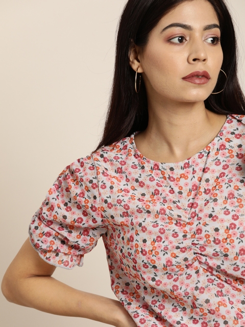 

Moda Rapido Women White & Pink Floral Printed Top With Puffed Sleeves