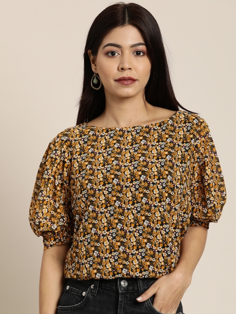 

Moda Rapido Women Black & Mustard Yellow Floral Printed Top With Puffed Sleeves