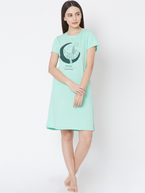 

Sweet Dreams Women Green Printed Sleep Shirt