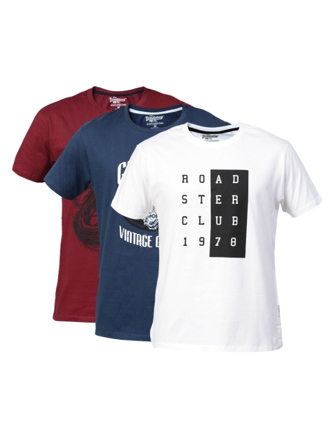

Roadster Men Pack of 3 Printed Round Neck T-shirts, White