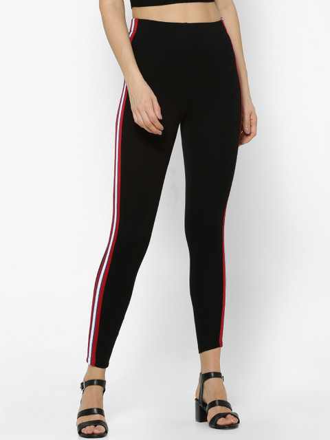

FOREVER 21 Women Black & Red Striped Ankle-Length Leggings
