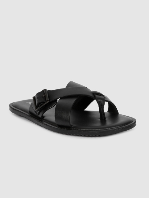 

Mast & Harbour Men Black Solid Leather Comfort Sandals