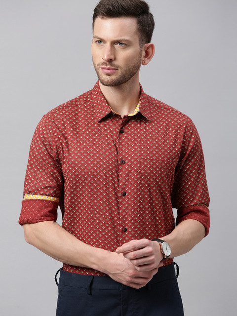 

TrueModa Men Rust Red & Green Smart Slim Fit Printed Smart Casual Shirt