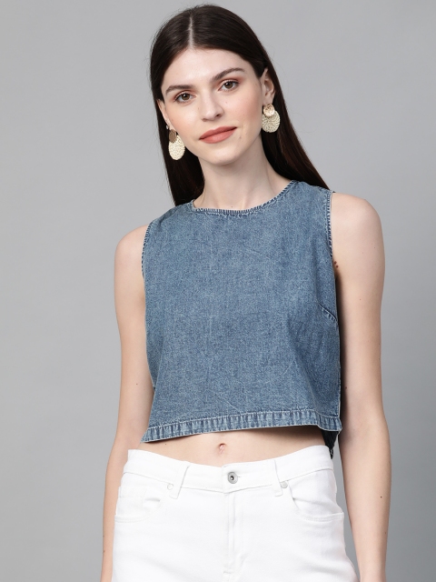 

Orchid Blues Women Blue Washed Cropped Styled Back Chambray Pure Cotton Top