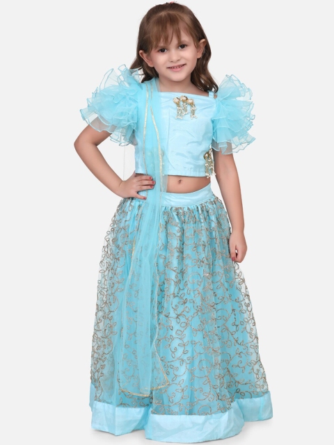

Fairies Forever Girls Turquoise Blue & Gold-Toned Embellished Ready to Wear Lehenga & Blouse with Dupatta