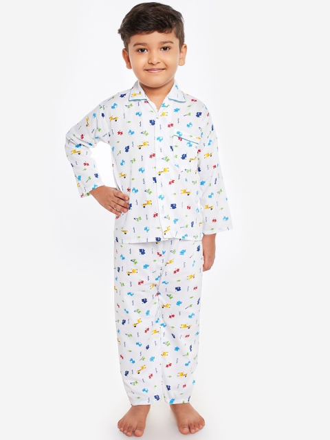 

Fuzzy Bear Boys White & Blue Printed Night Suit
