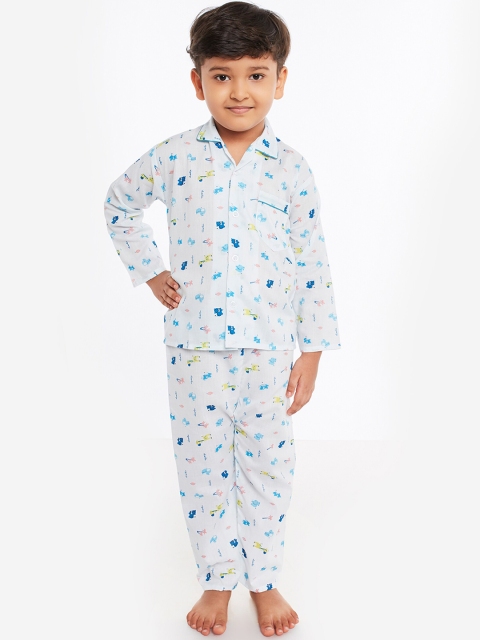 

Fuzzy Bear Boys Blue & White Printed Night suit