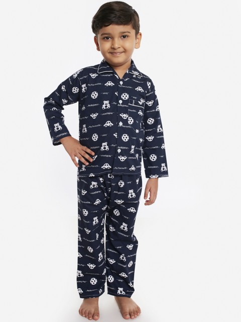 

Fuzzy Bear Boys Blue & White Printed Night suit