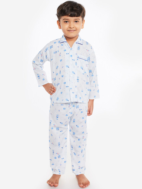 

Fuzzy Bear Boys White & Blue Printed Nightsuit
