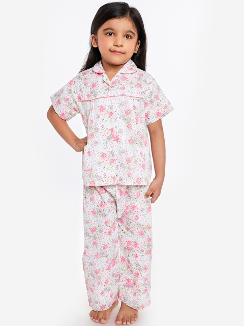 

Fuzzy Bear Girls White & Pink Floral Printed Nightsuit