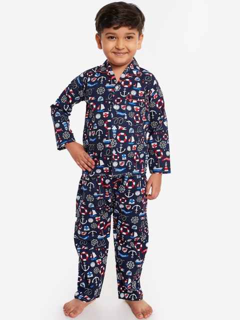 

Fuzzy Bear Boys Navy Blue & Red Nautical Print Nightsuit