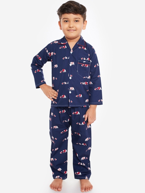 

Fuzzy Bear Boys Blue Printed Night suit