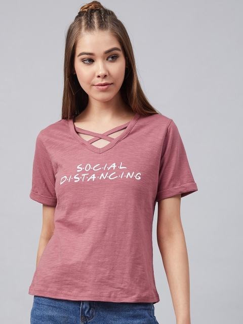 

RARE Women Pink & White Printed V-Neck T-shirt
