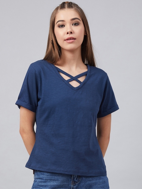 

RARE Women Blue Solid V-Neck T-shirt