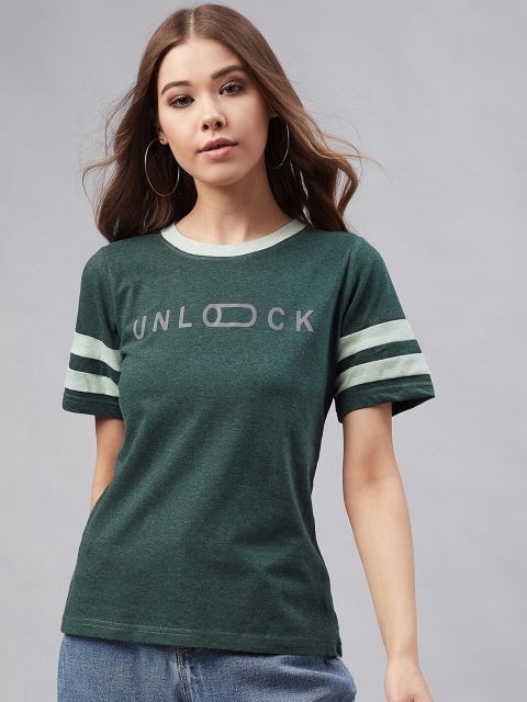 

RARE Women Green Printed Round Neck T-shirt