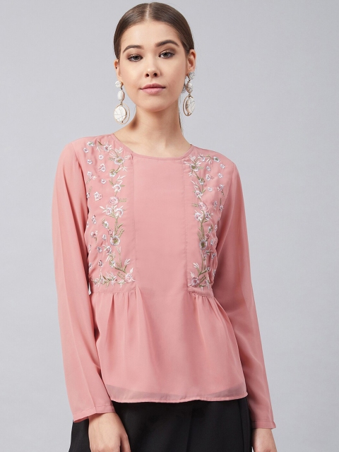 

Marie Claire Women Peach-Coloured Embroidered Peplum Top
