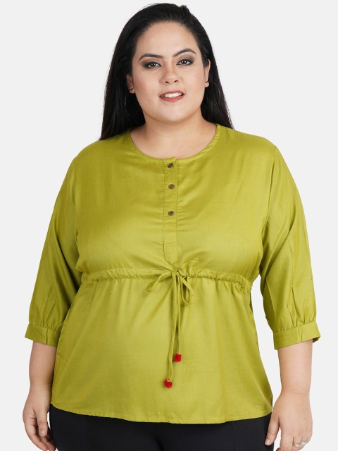 

Indietoga Women Green Solid Cinched Waist Plus Size Top