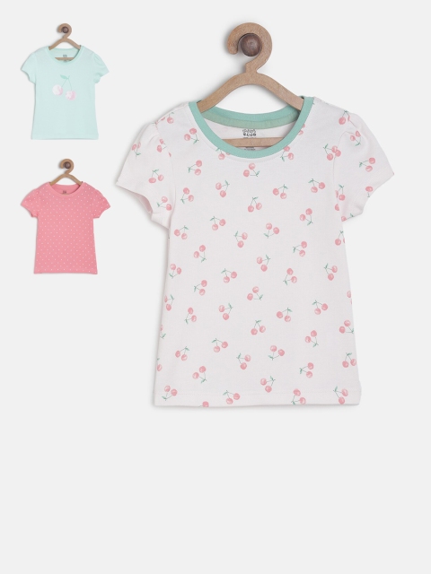 

MINI KLUB Girls Pack of 3 Printed Pure Cotton Tops, Pink