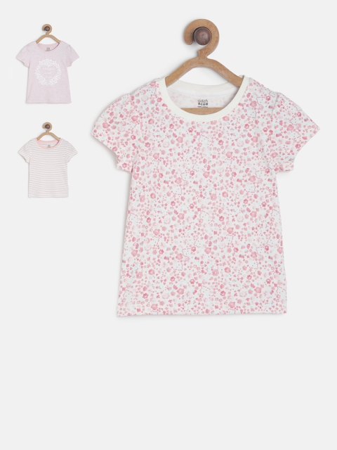 

MINI KLUB Girls Pack of 3 Printed Pure Cotton Tops, Pink