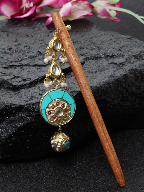 

DUGRISTYLE Turquoise Blue & Brown Embellished Hairstick
