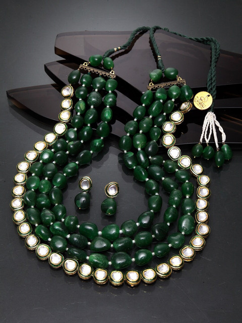 

DUGRISTYLE Sterling Silver Gold-Plated Green & White Kundan & Stone-Studded Handcrafted Jewellery Set