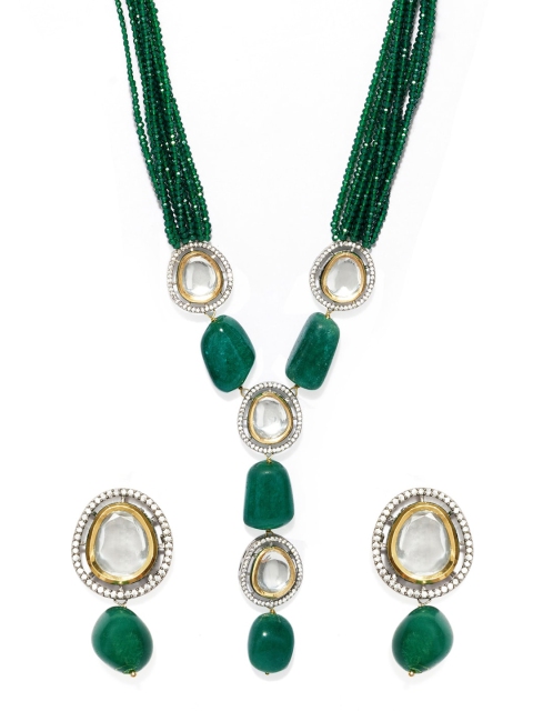 

DUGRISTYLE Rhodium-Plated Silver-Toned & Green Kundan & Stone-Studded Pearl Handcrafted Jewellery Set