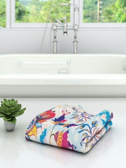 

Athom Trendz Unisex Off-White & Blue Printed 300 GSM Bath Towel