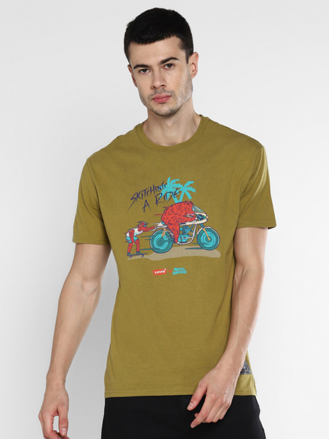 

Levis x Royal Enfield Men Olive Green Printed Round Neck Pure Cotton T-shirt