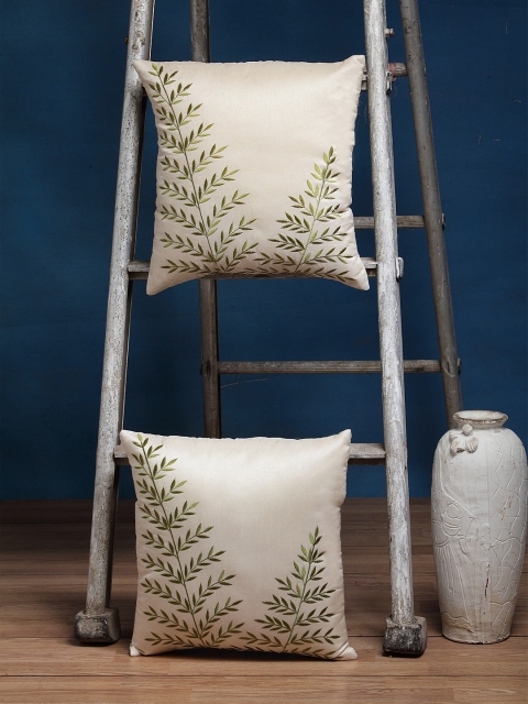 

Alina decor Green & Beige Set of 2 Floral Square Cushion Covers