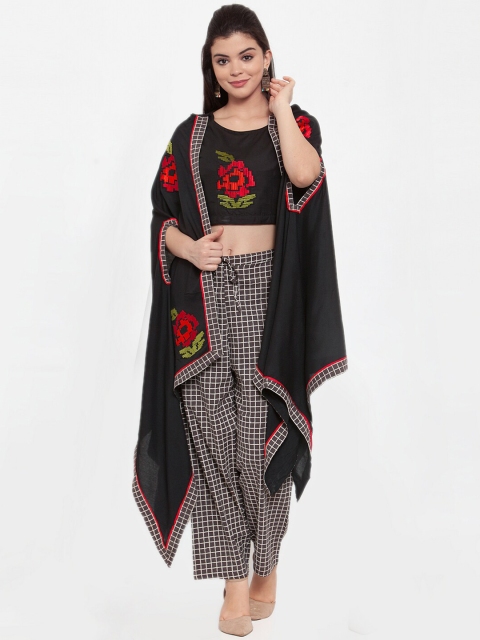 

ANAISA Women Black & White Embroidered Crop Top & Palazzos with Kimono Jacket