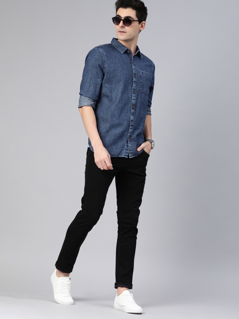 

WROGN Men Blue Slim Fit Solid Chambray Casual Shirt