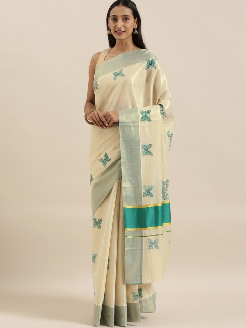 

The Chennai Silks Cream-Coloured Pure Cotton Printed Kasavu Saree