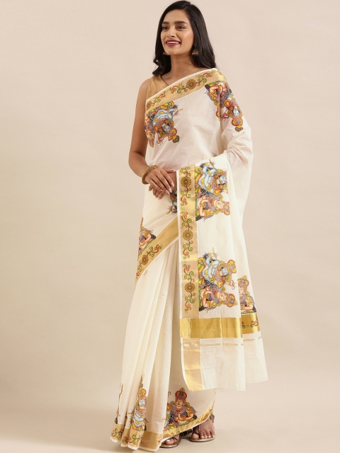 

The Chennai Silks Off-White Pure Cotton Printed Kasavu Saree