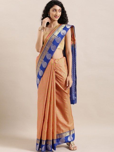 

The Chennai Silks Classicate Pink & Green Pure Silk Checked Kanjeevaram Saree