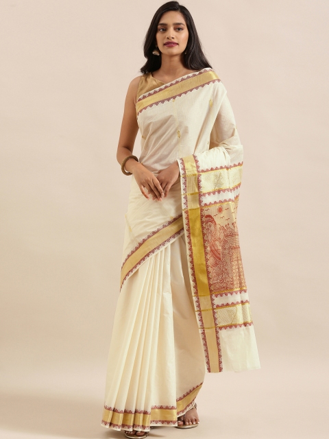 

The Chennai Silks Off-White Pure Cotton Solid Kasavu Saree