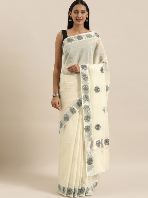

The Chennai Silks Off-White & Black Pure Cotton Solid Kasavu Saree