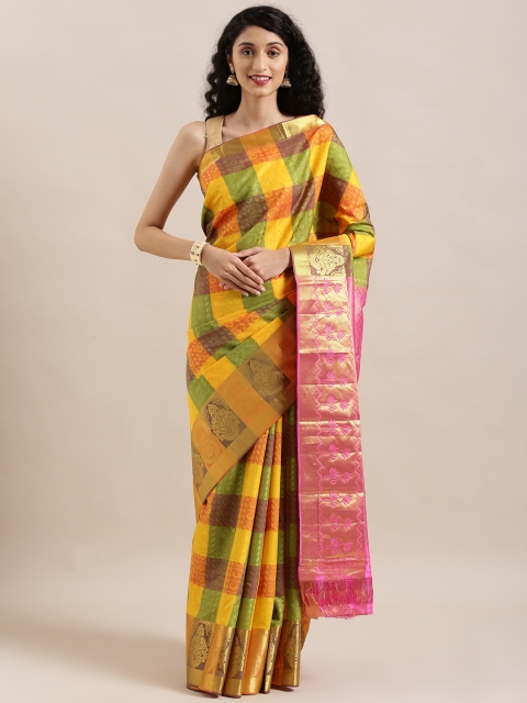The Chennai Silks Mustard Yellow & Green Pure Silk Checked Dharmavaram Saree