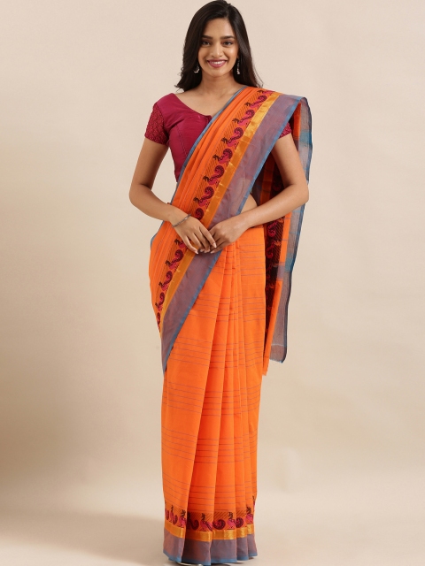 

The Chennai Silks Classicate Orange & Blue Pure Cotton Striped Chettinad Saree